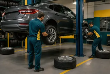 Mecânico realizando rodízio dos pneus de um carro.