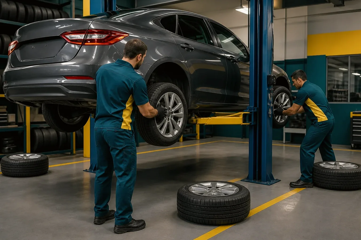 Mecânico realizando rodízio dos pneus de um carro.