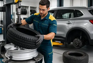 Mecânico trocando um pneu de carro em uma borracharia.