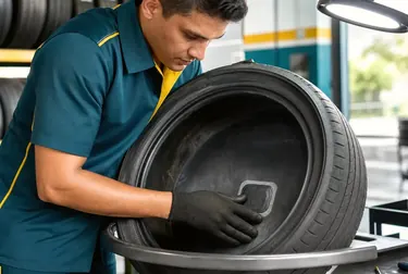 Profissional consertando um pneu em uma borracharia.