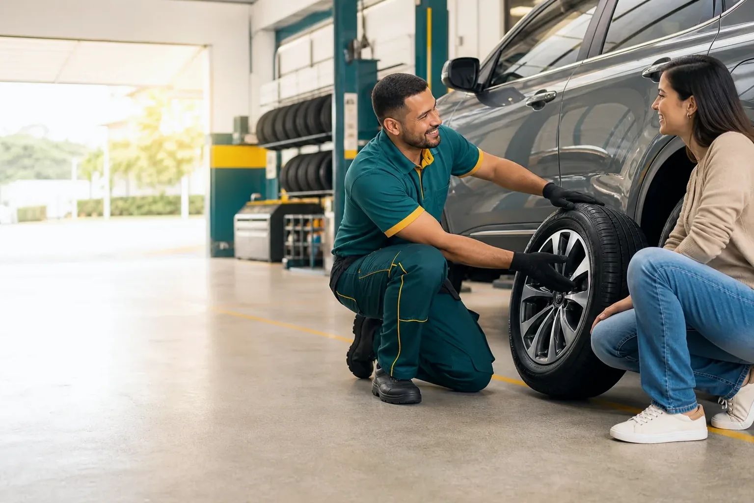 Profissional realizando serviços de borracharia em Guarapuava, utilizando ferramentas e equipamentos.