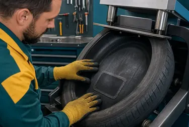Profissional realizando vulcanização em um pneu.