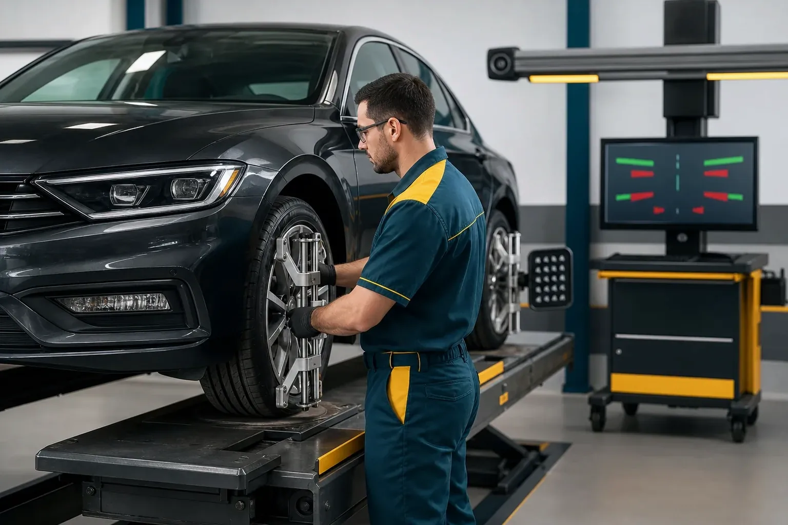 Técnico ajustando o alinhamento das rodas de um carro.